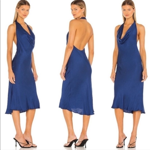 Young Fabulous & Broke Rebel Satin Halter Dress in Jewel Blue - Picture 1 of 10